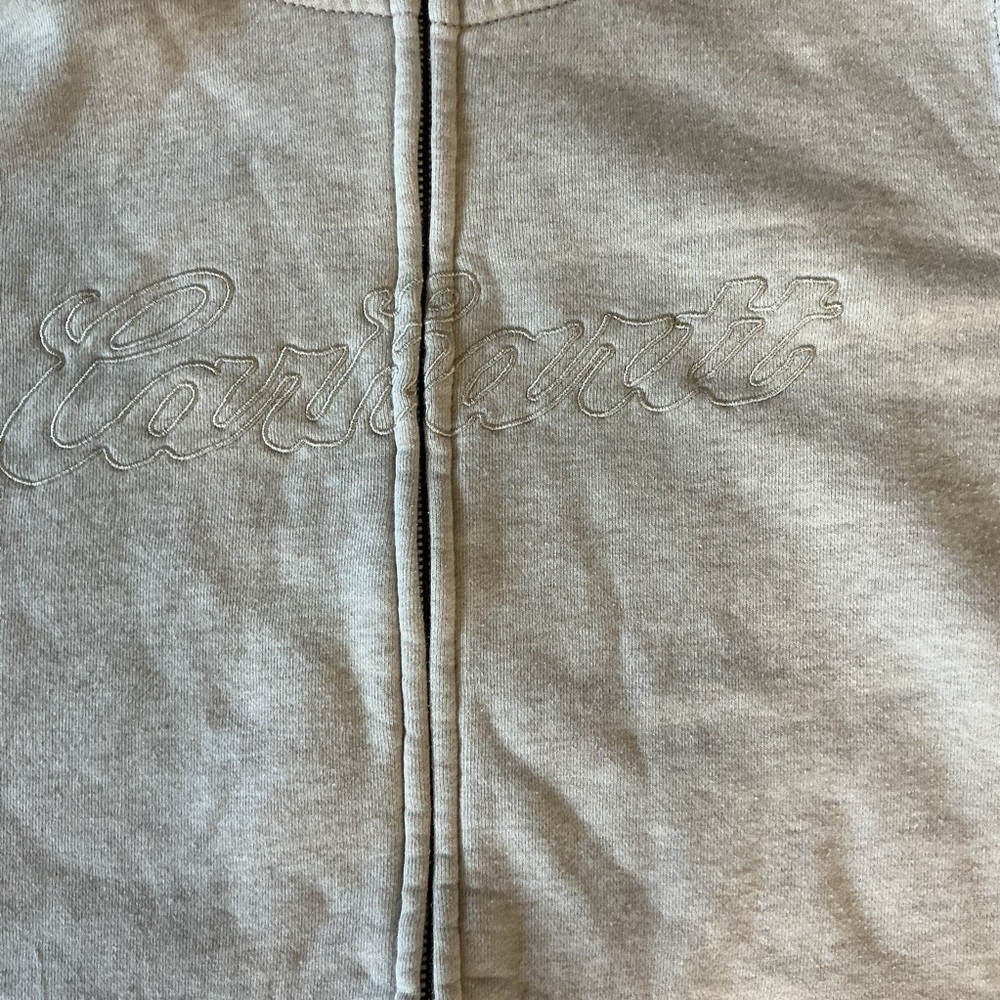 Carhartt Women’s Light Gray Zip-Up Hoodie Chest Logo Monocrome - Picture 2 of 8